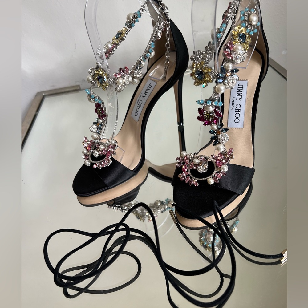 New JIMMY CHOO Reign 100 Satin Sandals With Camellia Mix Anklet $4,495 36 - Picture 15 of 16